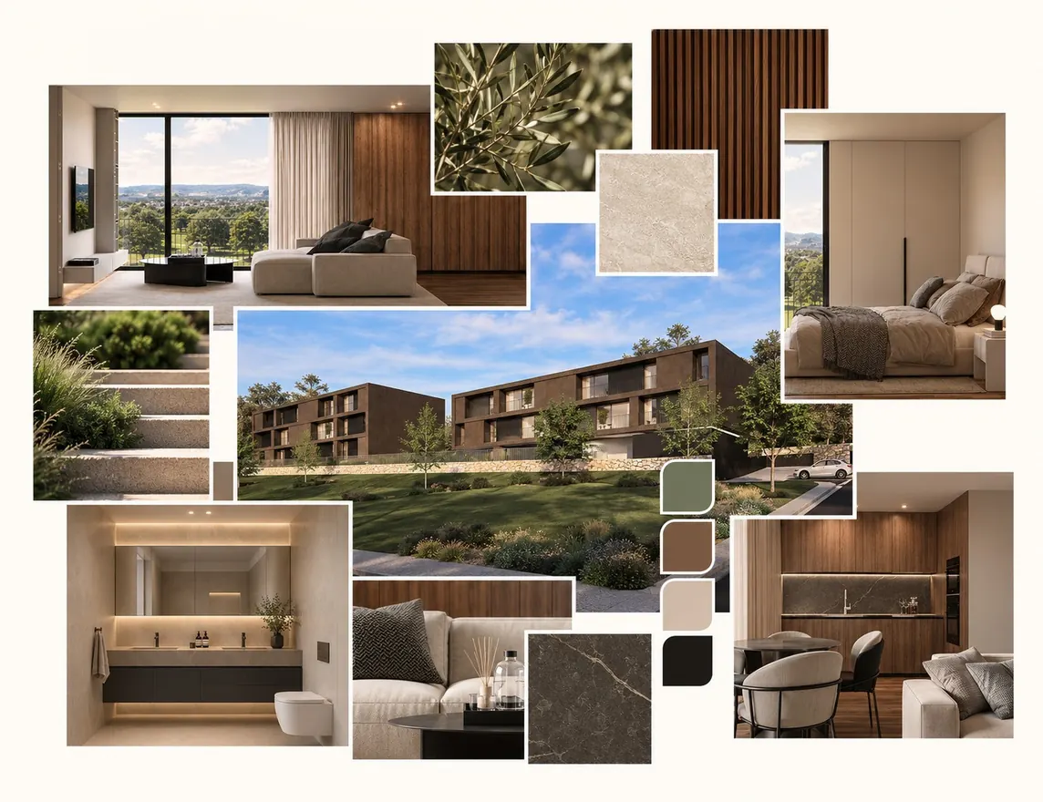 Ambientes interiores e materiais do Paço Living: madeira, pedra e tons naturais